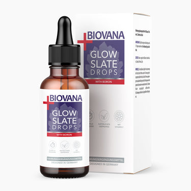 Braune Glasflasche BIOVANA GLOW SLATE DROPS mit Pipette und Umverpackung mit Vitamin C
